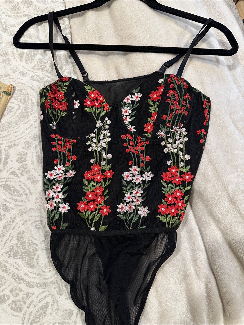 Lulu's essence of elegance Embroidered Bustier Bodysuit with Red & White Flowers
